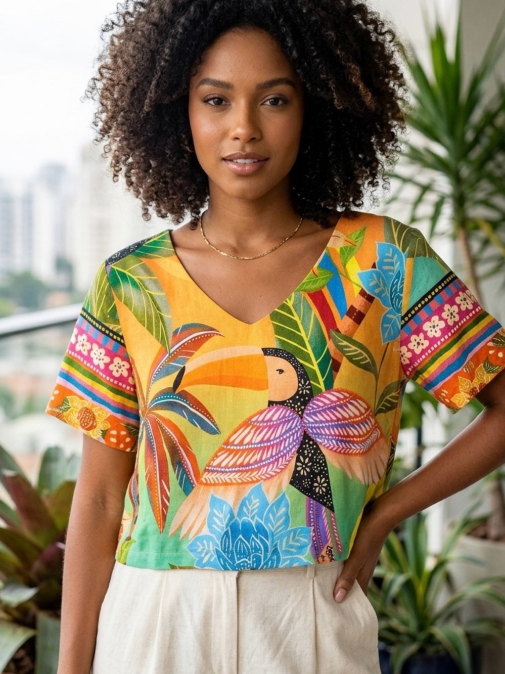 Valfer Tropical Toucan Print Crop Top – Vibrant Boho Summer Blouse
